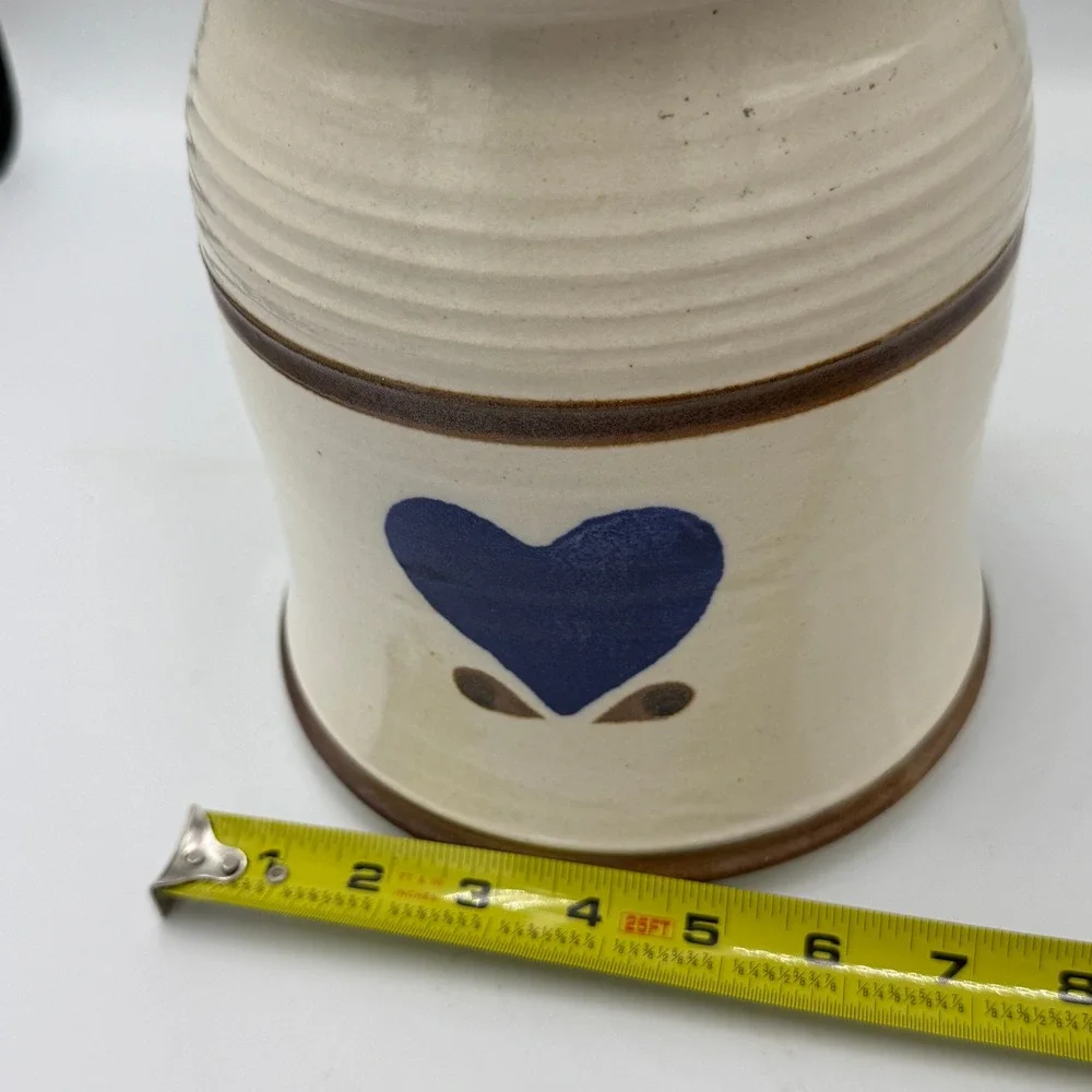 Handmade Stoneware Heart Crock Kitchen Utensil Holder Cream Blue Signed